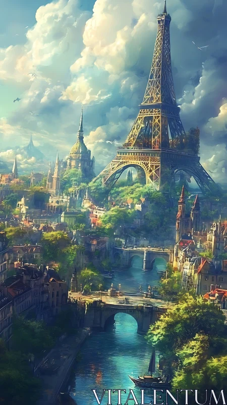 Dreamlike Eiffel skyline above luminous river bridges.