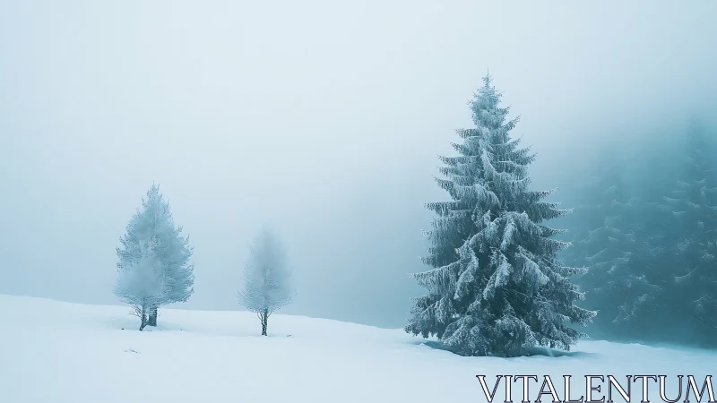 Frosted conifer trees in minimal alpine winter fog landscape.