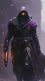 Hooded space wanderer with ember-lit weapon in the mist.