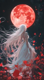 Moonlit maiden calmly greets a glowing crimson night sky