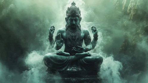Mystic stone deity sits in swirling emerald mountain fog