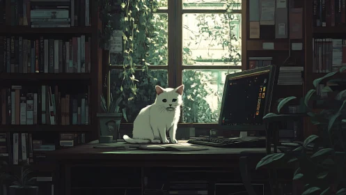 White Cat Seated at Workspace with Monitor and Bookshelves