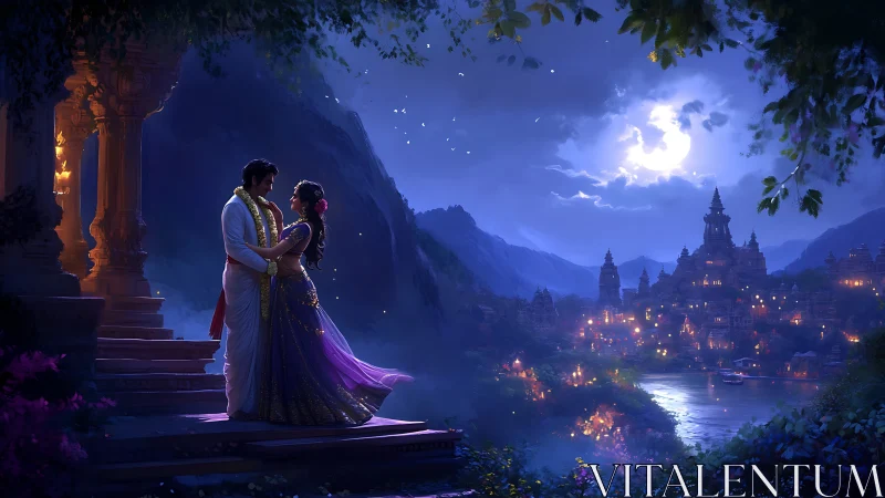 Moonlit riverside couple in traditional Indian attire.
