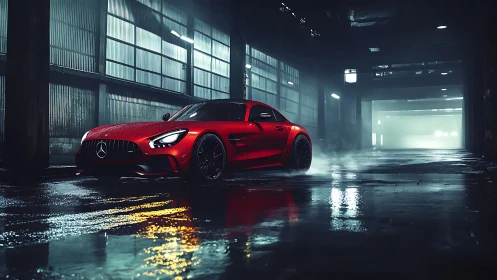 Crimson street predator idling in a rain-glossed warehouse night.