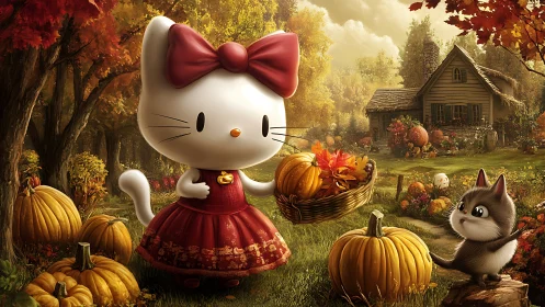 Hello Kitty Autumn Harvest Scene with Woodland Cottage Setting