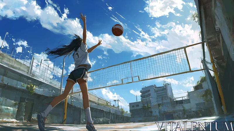 Dynamic anime sports scene with urban volleyball courtyard framing.