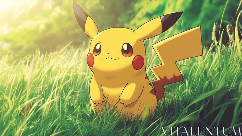 Cartoon yellow creature sits in sunlit grassy landscape