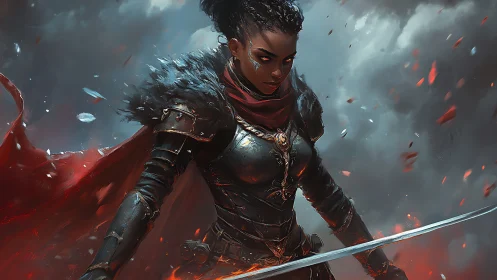 Armored warrior woman with sword in storm of embers.