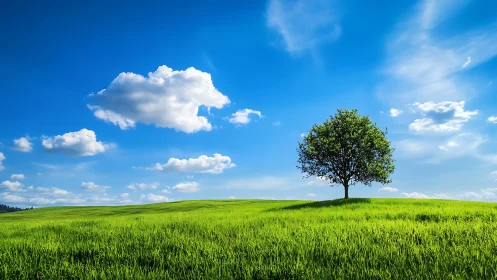 Solitary deciduous tree on green meadow under clear sky.