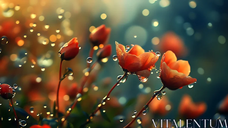 Red Flowers with Dewdrops in Golden Light.