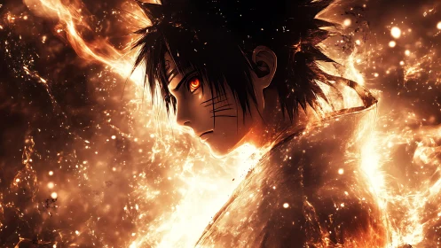 Fiery anime warrior stands in swirling embers and light