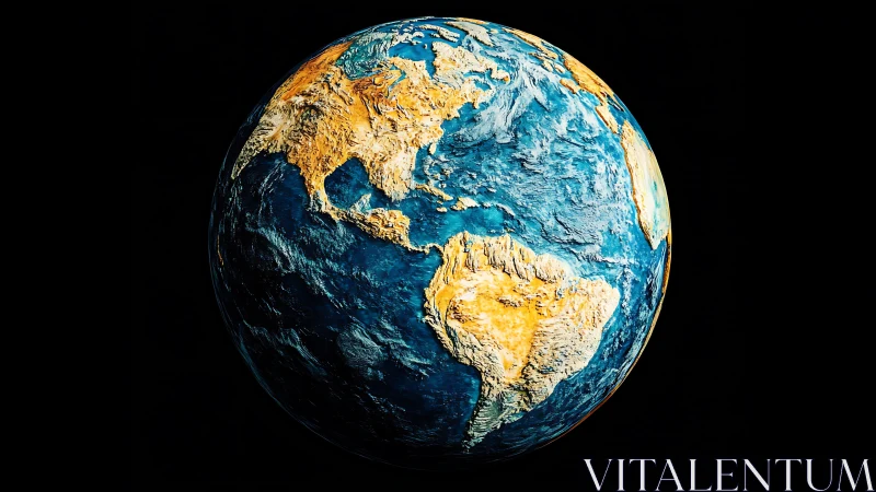 Rendered globe presents textured Americas on black background