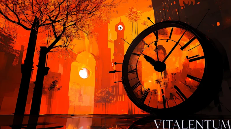 Glowing city clockscape wrapped in sunset shadows and time.