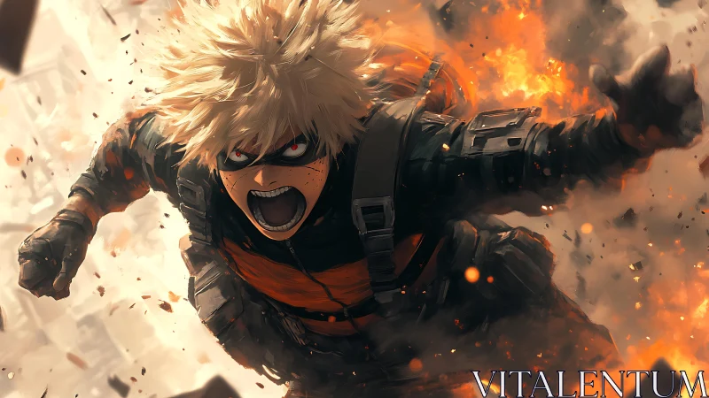 Masked combat figure in midair amid explosion and debris.