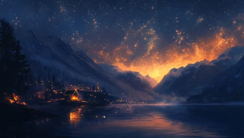 Mountain lake valley at dusk with astronomical phenomena.