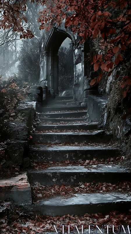 Foggy stone stairway ascends toward a mysterious archway.