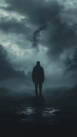 Stormy night wanderer pauses gently beneath brooding skies