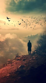 Solitary figure studies migrating birds above misted canyon ridge
