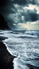 Storm-brewed surf scribbles white script on volcanic shore