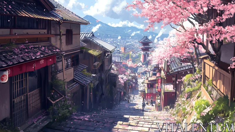 Cherry blossom street overlooks distant pagoda and mountains.