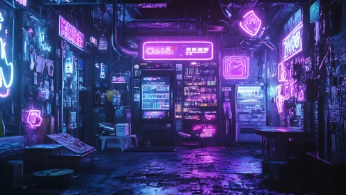 Neon lit alley vending machines in rainy cyberpunk street.