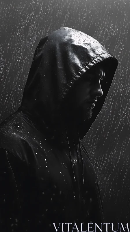Hooded male subject stands in profile under artificial rain