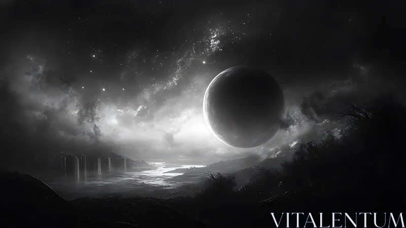 Monochrome alien sphere hovering over misty cascade world.