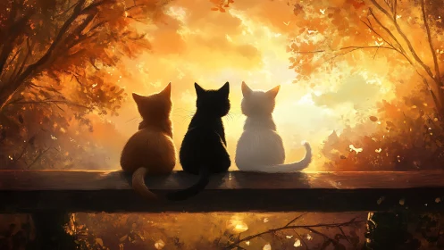 Three Cats Contemplate Autumn's Luminous Veil.