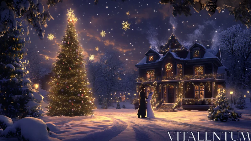 Snowlit Christmas waltz before a storybook lantern house.