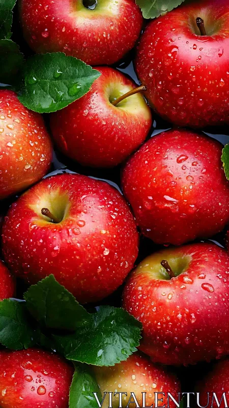 Crimson apples with water droplets in high-saturation closeup.