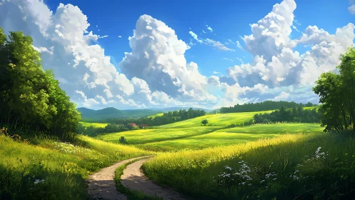 Sunlit country path across rolling summer meadows.