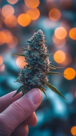 Hand holding cannabis bud against blurred bokeh lights.