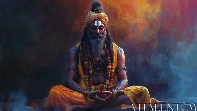 Meditating figure sits cross-legged against abstract backdrop