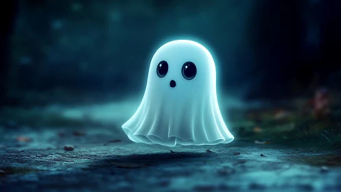 Cute glowing ghost drifts through a misty moonlit forest