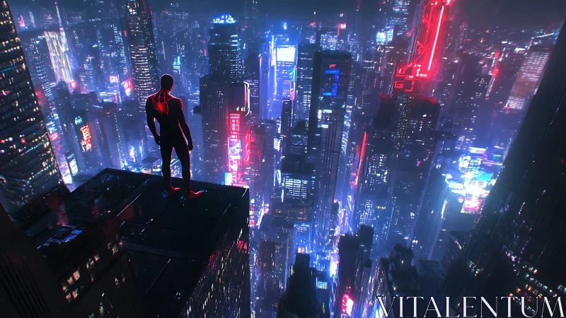 Lone superhero stands over neon cyberpunk night cityscape.