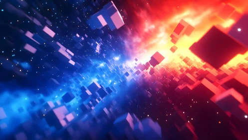 Digital cubes in vibrant space with blue and orange lighting, 3D abstract art.