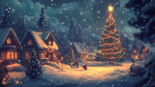 Snowy village square glows around towering Christmas tree