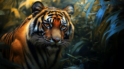 Majestic tiger stares through jungle shadows in vivid detail.