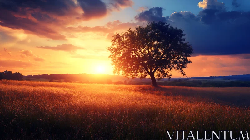Golden meadow sunset with a quiet, thoughtful lone tree.