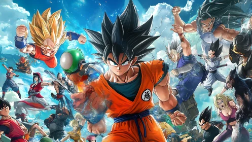 Anime battle illustration with dynamic flying warriors.