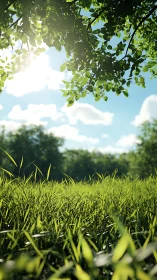 Sunlit meadow invites quiet moments beneath soft green leaves