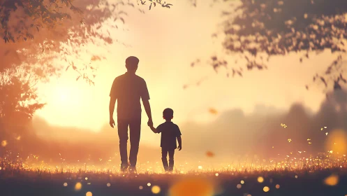 Silhouetted parent and child walking through warm sunset field.