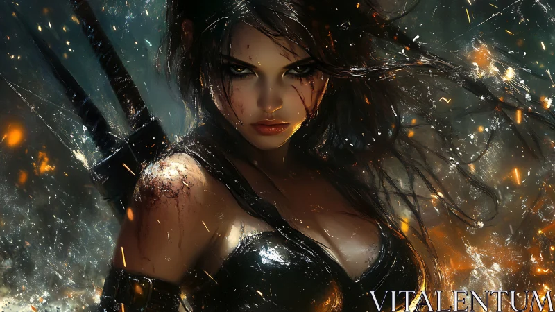 Battle-worn warrior woman amid dynamic sparks and rain streaks