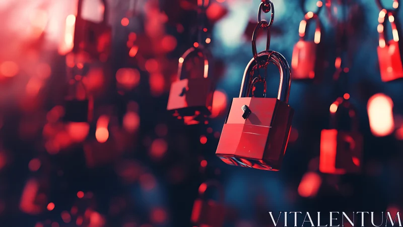 Crimson padlocks drift in dreamy bokeh-lit cybersecurity dusk.