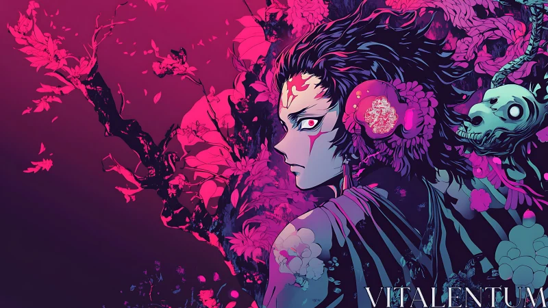 Intense anime warrior with neon flora and skeletal motif.