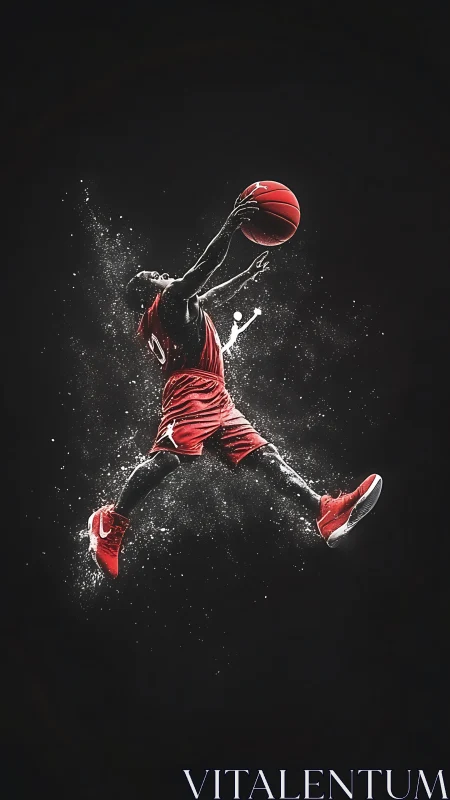 Soaring basketball player captured in midair energy burst.