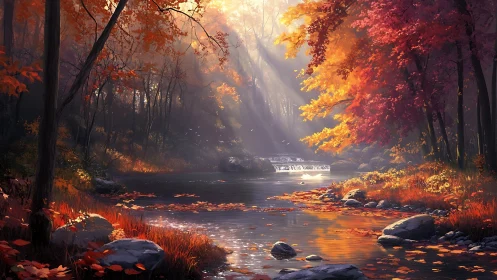 Golden autumn river glows gently beneath soft morning light