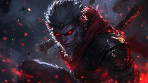 Demonic simian warrior lunges through embers in dynamic profile