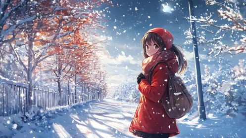 Girl in red coat walks through softly falling winter snow