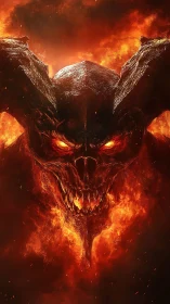 Demonic fiery skull with horns emerging from intense flames.